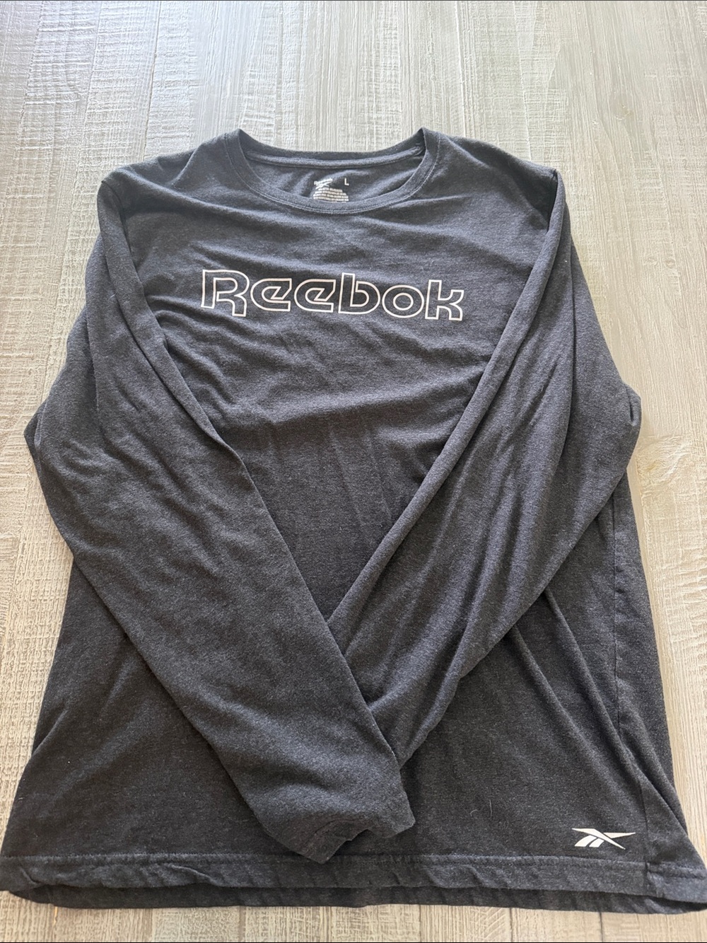 Reebok Men’s Long-Sleeve Logo Tee — Charcoal with White Lettering